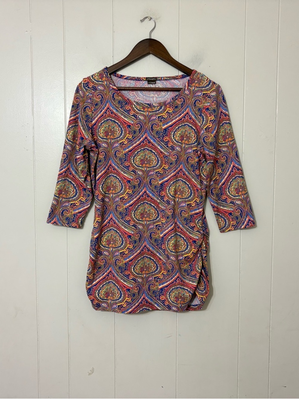 J.McLaughlin Paisley Print Top 3/4 Sleeve Stretch Knit Multicolor Blouse Aprox M